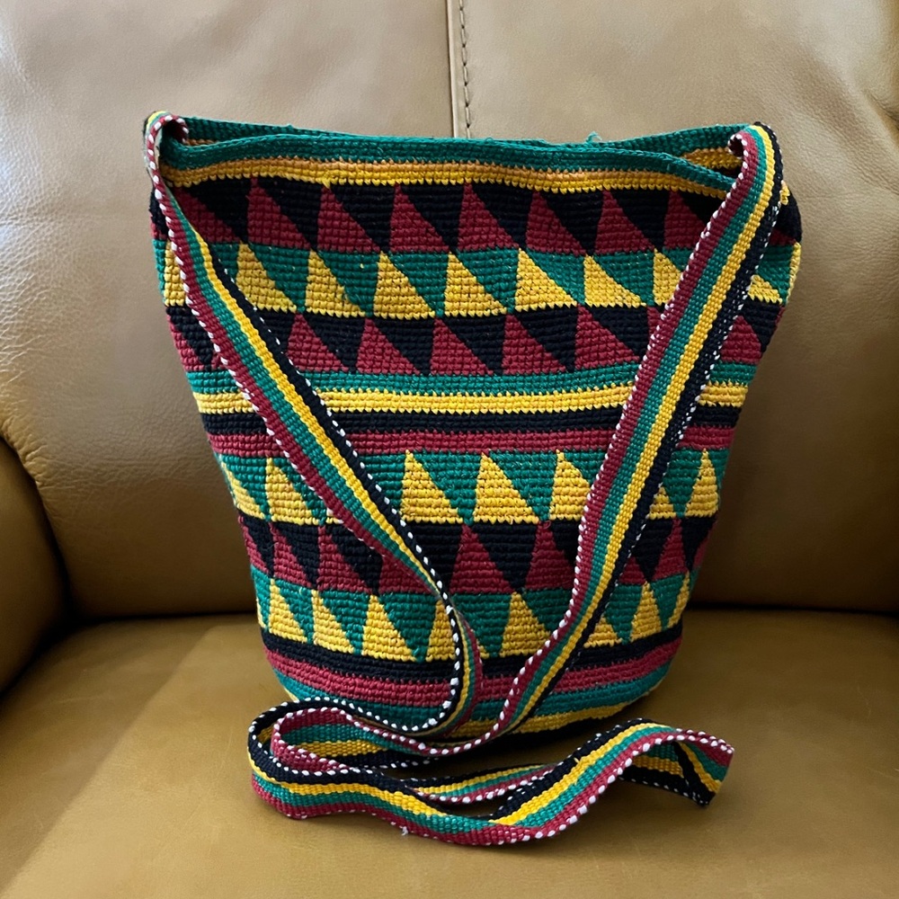 Handwoven Multicolor Geometric Shoulder Bag 11” x 11”.